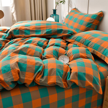 Class a Japanese-Style Full Cotton Yarn-Dyed Washed Cotton Bedding Four-Piece Set Pure Cotton Student Dormitory Duvet Cover Single Bed Three-Four-Piece Set