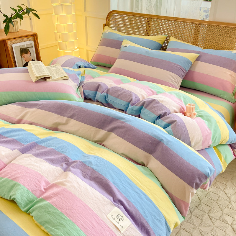 Class a Japanese-Style Full Cotton Yarn-Dyed Washed Cotton Bedding Four-Piece Set Pure Cotton Student Dormitory Duvet Cover Single Bed Three-Four-Piece Set