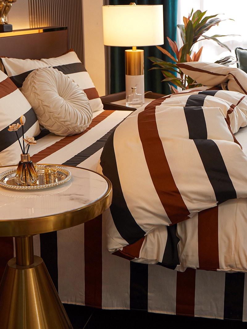 Striped Cotton Four-Piece Set Pure Cotton Bedding Spring and Summer Bed Sheet Nordic Simple Duvet Cover 1.8 Fitted Sheet Three-Four Piece Set