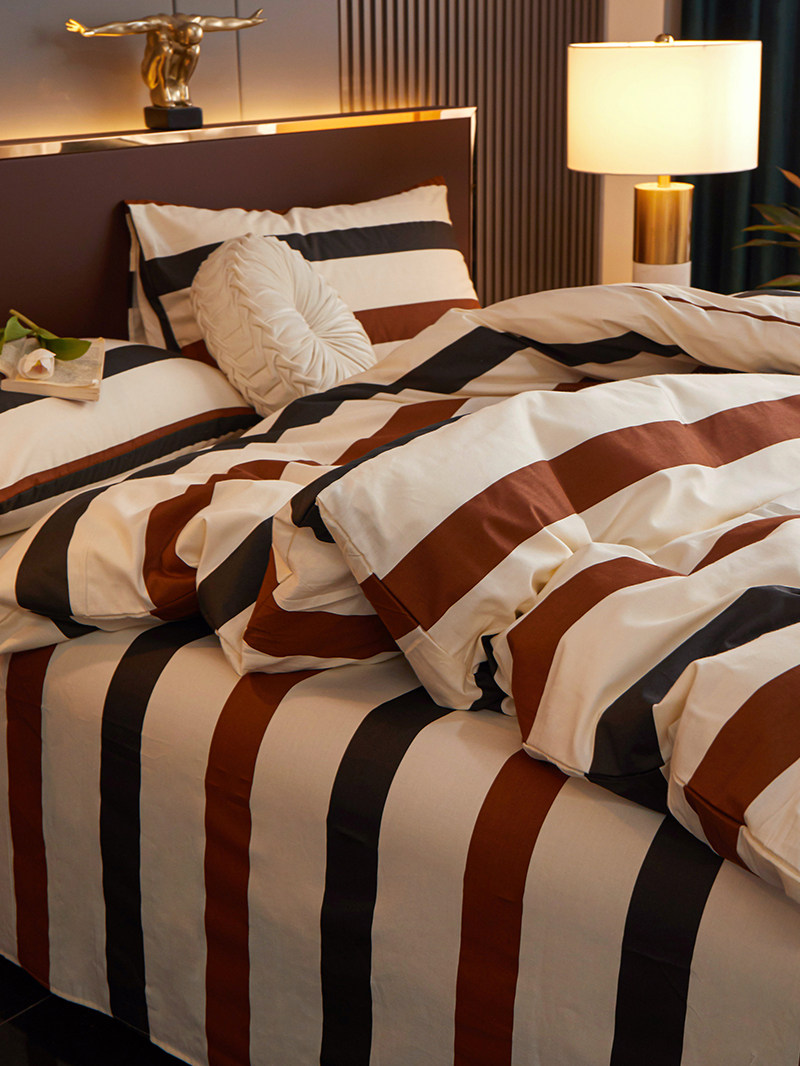 Striped Cotton Four-Piece Set Pure Cotton Bedding Spring and Summer Bed Sheet Nordic Simple Duvet Cover 1.8 Fitted Sheet Three-Four Piece Set