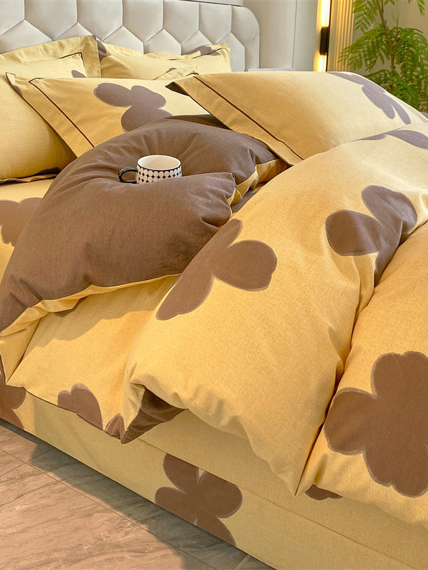 Thickened 100 Brushed Cotton Printed Four-Piece Set, Pure Cotton Bedding, Spring and Summer Bed Sheet, Duvet Cover, Simple 1.8m Size