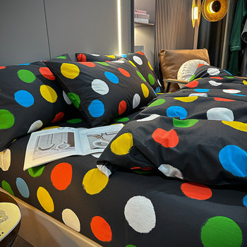 100% Cotton Four-Piece Bedding Set, Pure Cotton Bed Sheet with Large Polka Dots, Nordic Simple Duvet Cover, 1.8m Bed Fitted Sheet, Three or Four-Piece Set