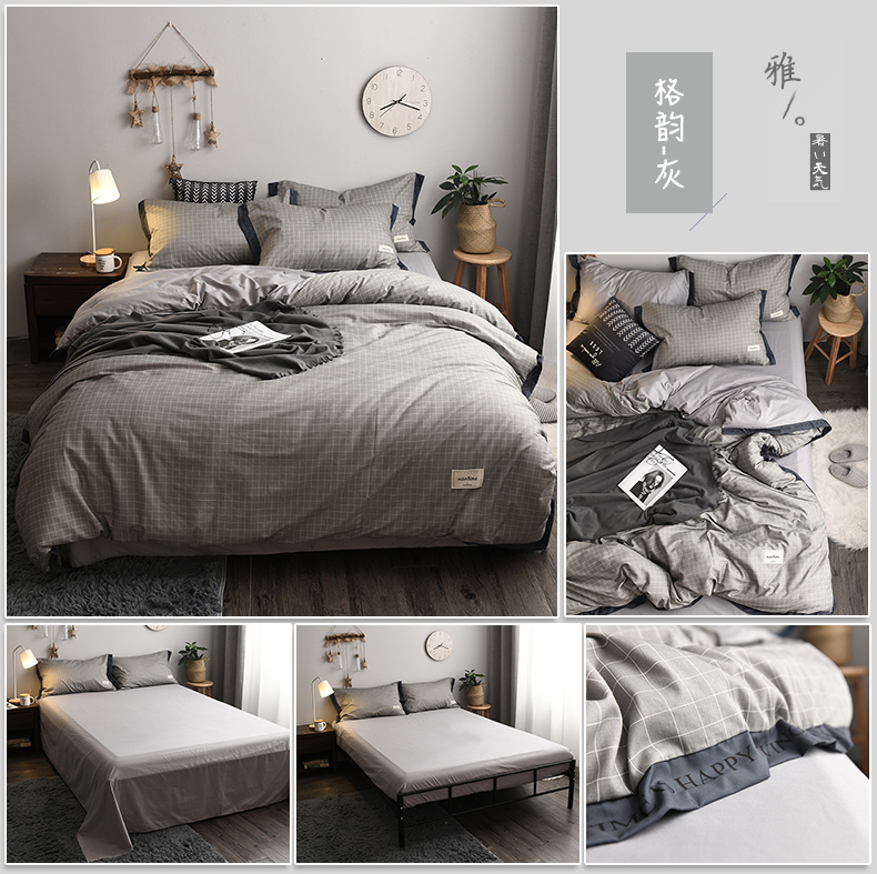 Nordic bông denim doanh nghiệp giường ngủ bông vải quilt beo sọc 1.51.8m kẻ sọc giường ba mảnh 4 - Bộ đồ giường bốn mảnh chăn ga gối đệm màu hồng