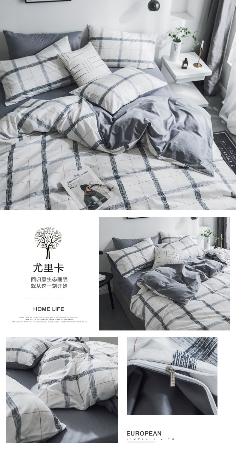 Net giường bông đỏ Bắc Âu tối giản sọc bông trải giường gia đình chăn màu đen và trắng bốn 1,8 m doanh nghiệp giường - Bộ đồ giường bốn mảnh chăn ga gối đẹp