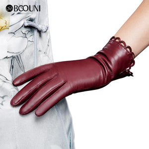 BOOUNI 皮手套女士触屏加绒保暖时尚羊皮秋冬季真皮开车手套