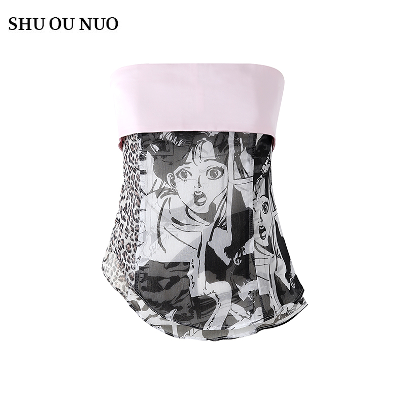 [in Stock] Pink and Black Vintage Print Camisole with Acetate Satin Patchwork and Strapless Design