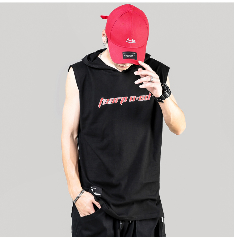 Mùa hè in thư mồ hôi vest nam cộng với phân bón XL Phiên bản Hàn Quốc của áo thun rộng mũ trùm đầu không tay áo thun - Lót áo thể dục chấm com