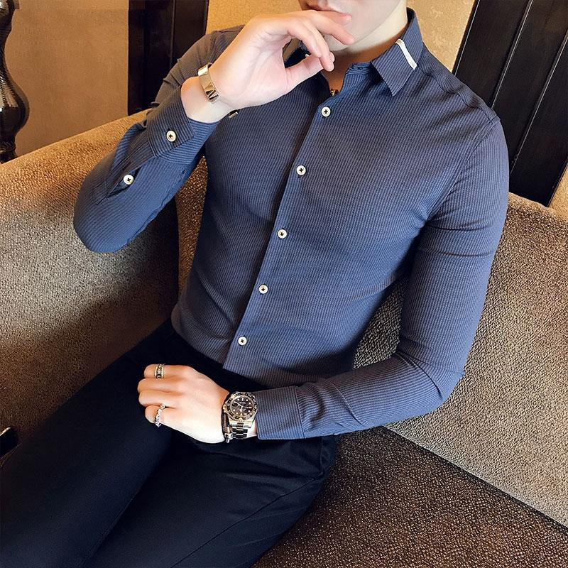 Haze blue shirt men tattoo design sensibility of autumn and winter long sleeve mens shirt business dress high - sense shirt
