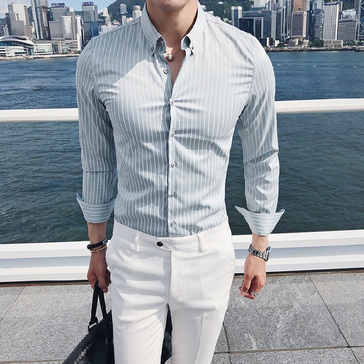 Pure cotton long sleeve t-shirt men in the trend and autumn business dress free hot fit for youth to work striped shirt