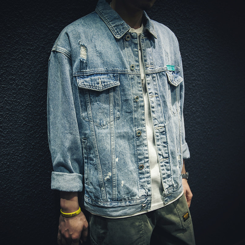 Cowboy coat 2021 new male autumn winter brand light blue hole autumn fat handsome pilot jacket