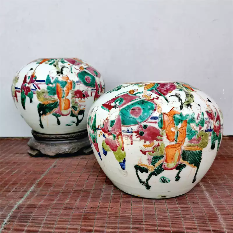 晚清同治粉彩瓷坛麒麟送子人物瓷罐民谣古董瓷器