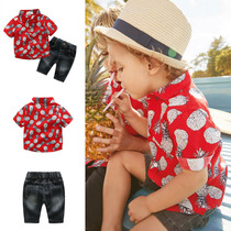 New summer dress European style pineapple print short sleeve shirt two-piece black jeans tide children resort style set