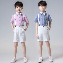 Boy primary and secondary school student suit host dress white pants strap suit graduation stripe celebration photography suit