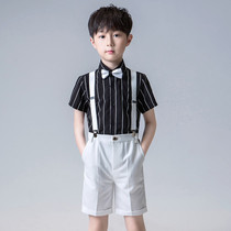 Boy black and white striped small suit 150cm summer short sleeve shirt kid suit 9 year old boy gentleman dress