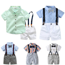 Boy short sleeve light green small suit white shorts sling set male baby three sets with strap light blue