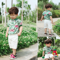 Boys vacation beach suit mens baby polo shirt Hawaiian style two-piece set short sleeve collar flower shirt