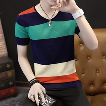 Short-sleeved T-shirt mens V-collar summer new 2021 fashion stripe shirt personality tide men slim slim slim on clothes