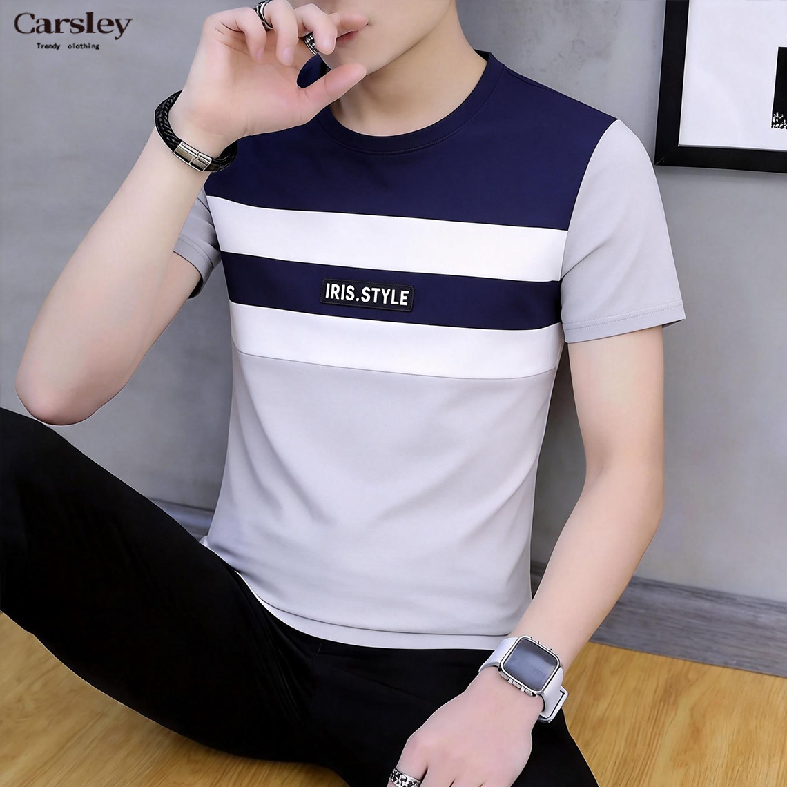 男士短袖T恤夏季2026新款圆领拼色修身纯棉半袖中青年上衣服夏装