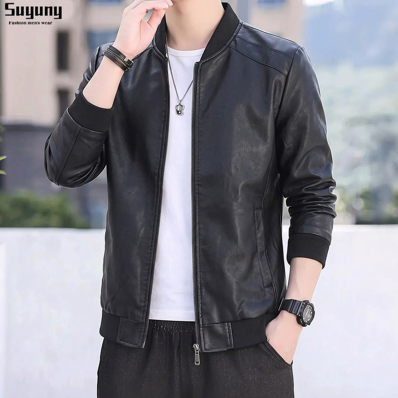 Stand Collar Jacket Black Slim Fit Short Biker Style Spring and Autumn Jacket Pu Leather Jacket Men's American Style Youth Autumn and Winter 2026