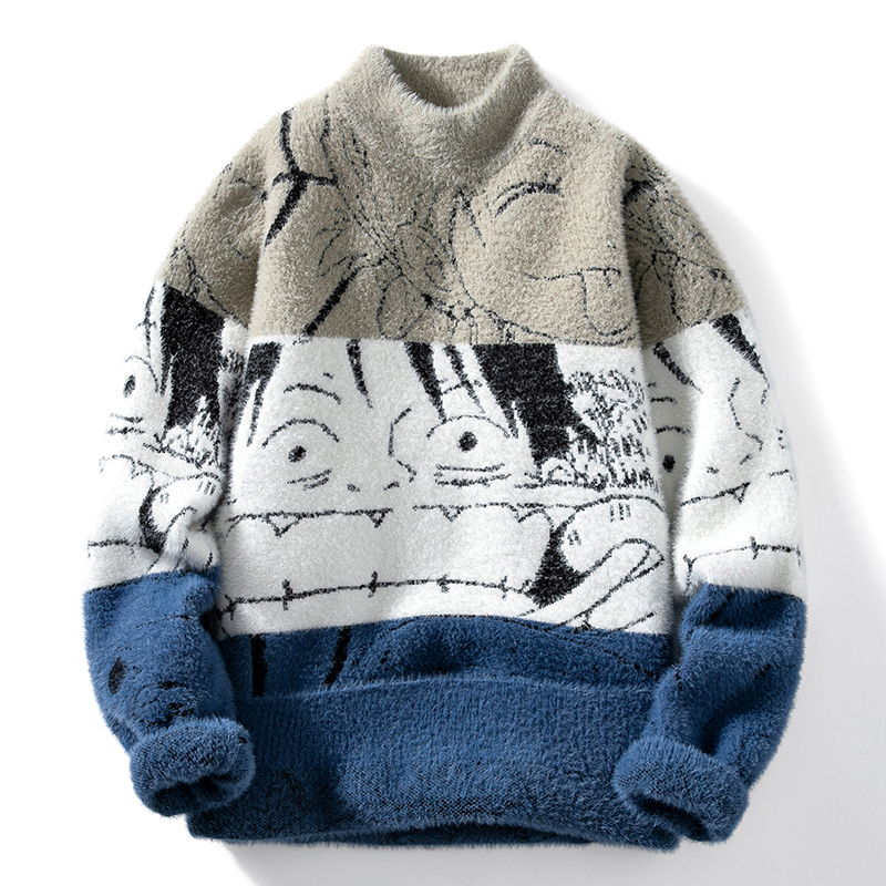 Fun Cartoon Anime Half-High Collar Men's Color-Block Sweater 2026 Winter Thickened New Style Inner Wear Mink Yarn Sweater Fun Cartoon Anime Half-High Collar Men's Color-Block Sweater 2026 Winter Thickened New Style Inner Wear Mink Yarn Sweater