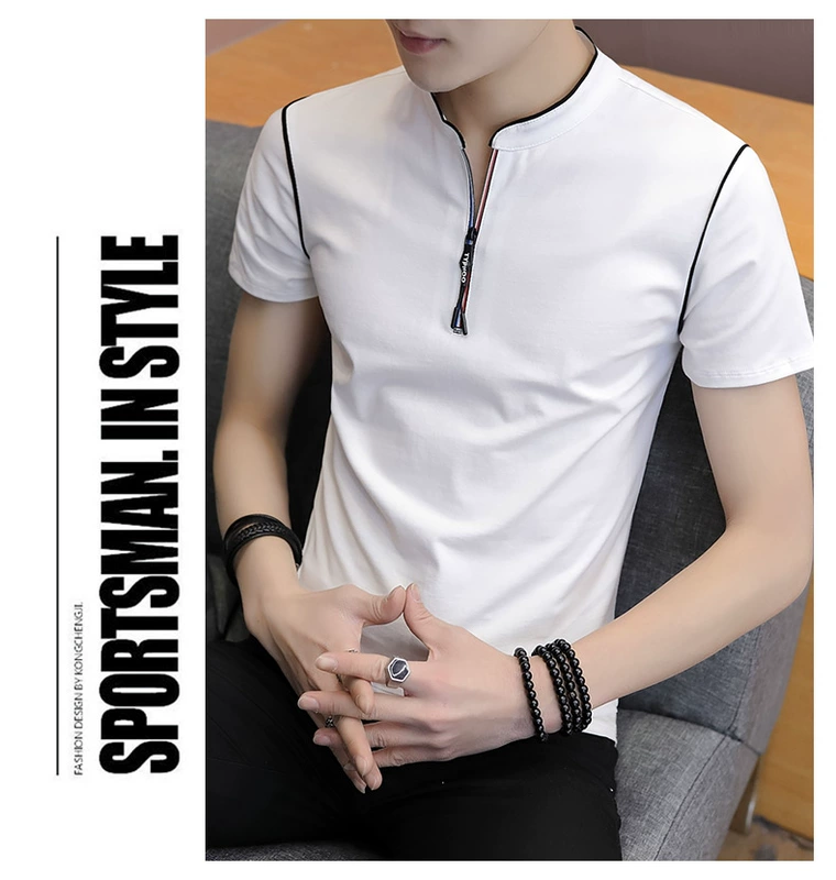 Áo thun cotton nam mùa hè 2018 ngắn tay nửa cổ chữ V mùa hè hoang dã Xu hướng nam Hàn Quốc áo polo nam hàng hiệu