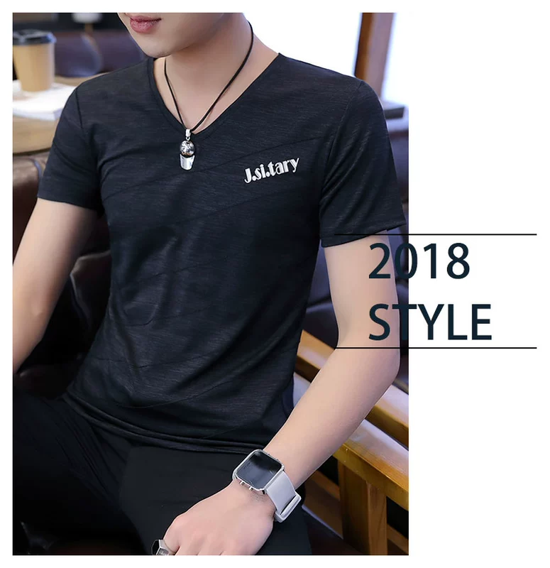 Mùa hè 2018 phiên bản mới của Hàn Quốc áo thun lụa nam ngắn tay Áo thun cổ chữ V nửa tay áo sinh viên xu hướng hoang dã áo phông nam tay ngắn cổ trụ