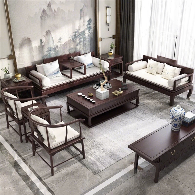 New Chinese sand modern minimalist living room solid wood sofa combination hotel fabric sofa Zen furniture custom