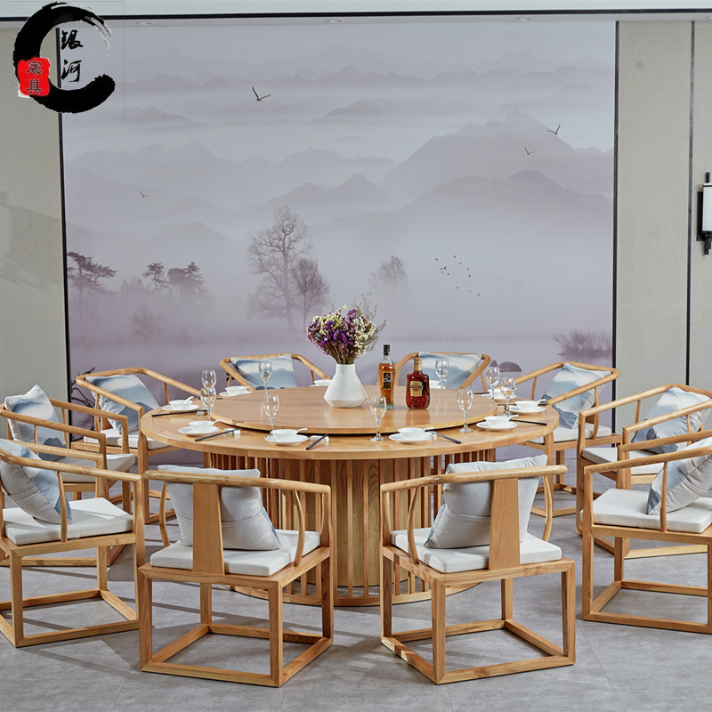New Chinese style electric dining table solid wood large round table 20 people hot pot table hotel club project homestay furniture customization
