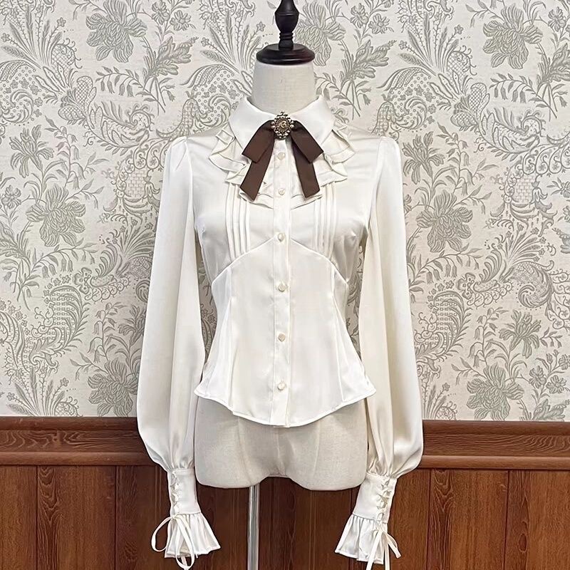 [Three Tie Colors to Choose from] Lolita Shirt with Dollhouse-Style Drape and Tie Waist