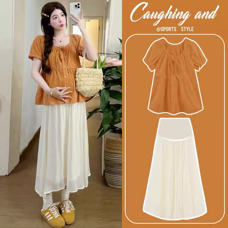Maternity Summer Outfit, Doll-Style Shirt, French-Style Shirt, Petite Pregnancy Skirt, Two-Piece Set, Loose Fit