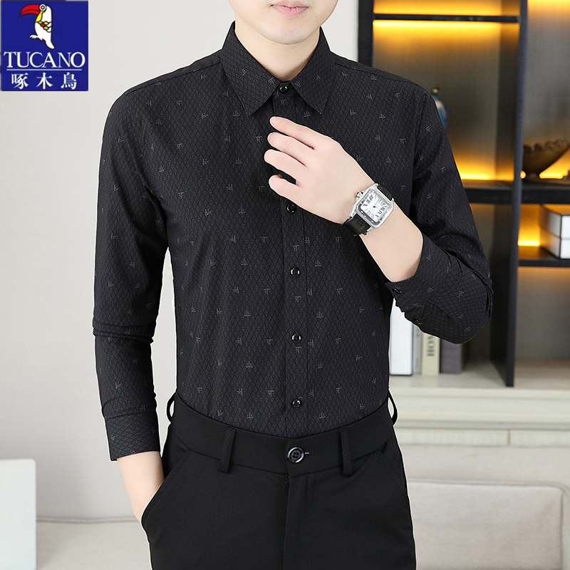 Woodpecker Men's Long-Sleeved Shirt Korean Style Slim Jacquard Casual Shirt Brand Men's Printed Shirt Top Clothing