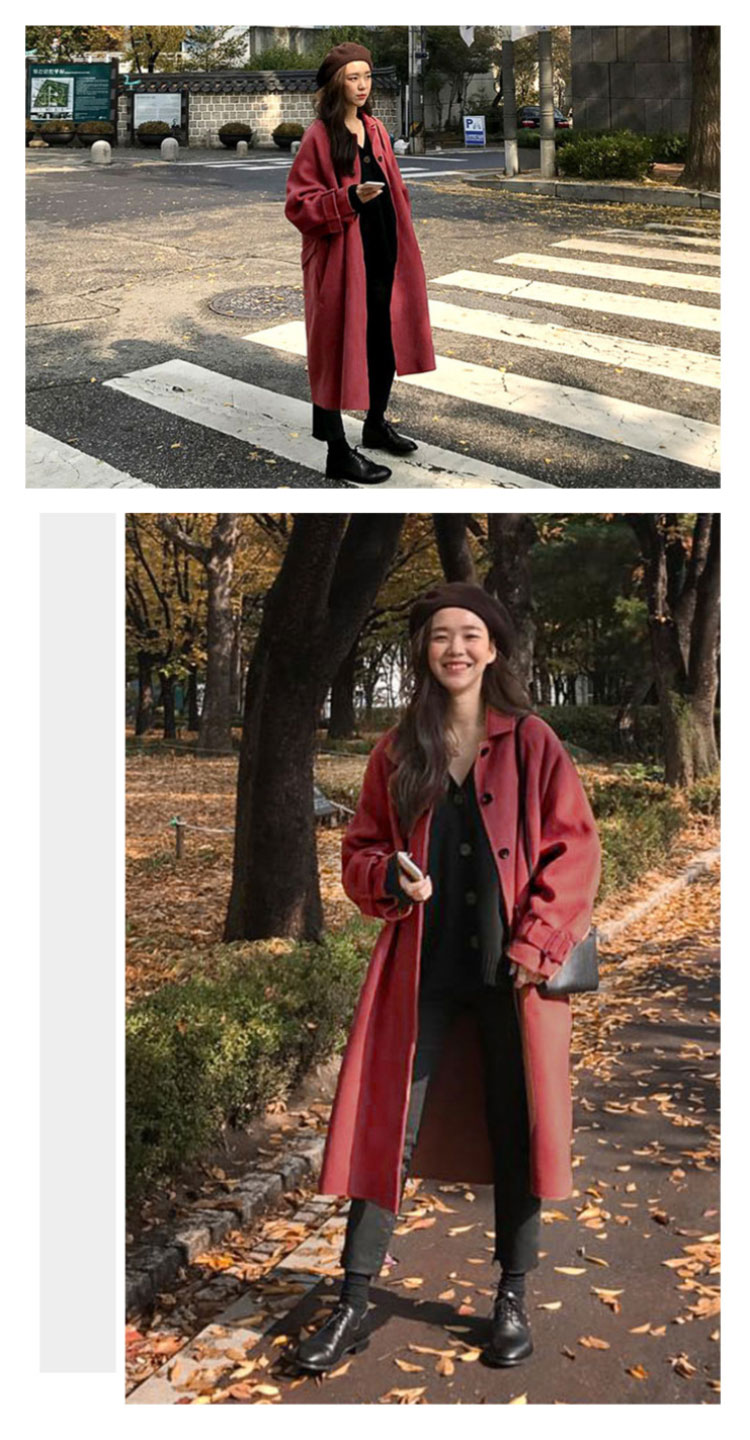 Áo hai dây cashmere nữ dài phần phiên bản Hàn Quốc 2019 mùa thu và mùa đông mới retro lá phong màu đỏ lỏng len - Accentuated eo áo áo măng tô kaki nữ dáng dài