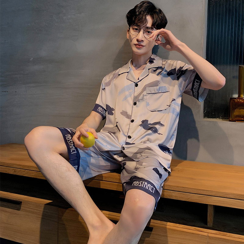A new silk summer silk - dress for men's pajamas short sleeve summer new silk summer Han home suit suit