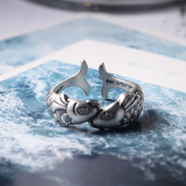 Double Fish Pure Silver Ornament Womens National Windy Carp Silver Artisan Artisan Artisanal small crowdsourced design Sansheng III opening ring