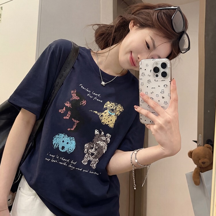 Orange Cat~ Plus-Size Dog Walking Cartoon Graffiti Painted Dog Loose Short-Sleeved Large T-Shirt Spring and Summer Women's Top Trendy