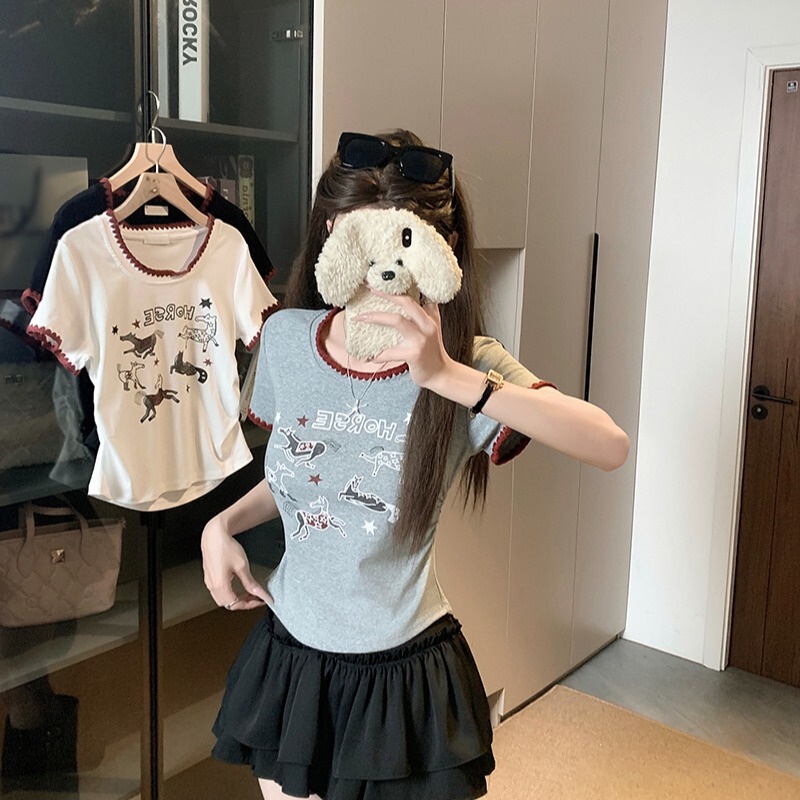 Orange Cat ~ Summer New Style Plus Size Korean Style Embroidered Lace Cartoon Print Sweet Spicy Girl Short-Sleeved T-Shirt