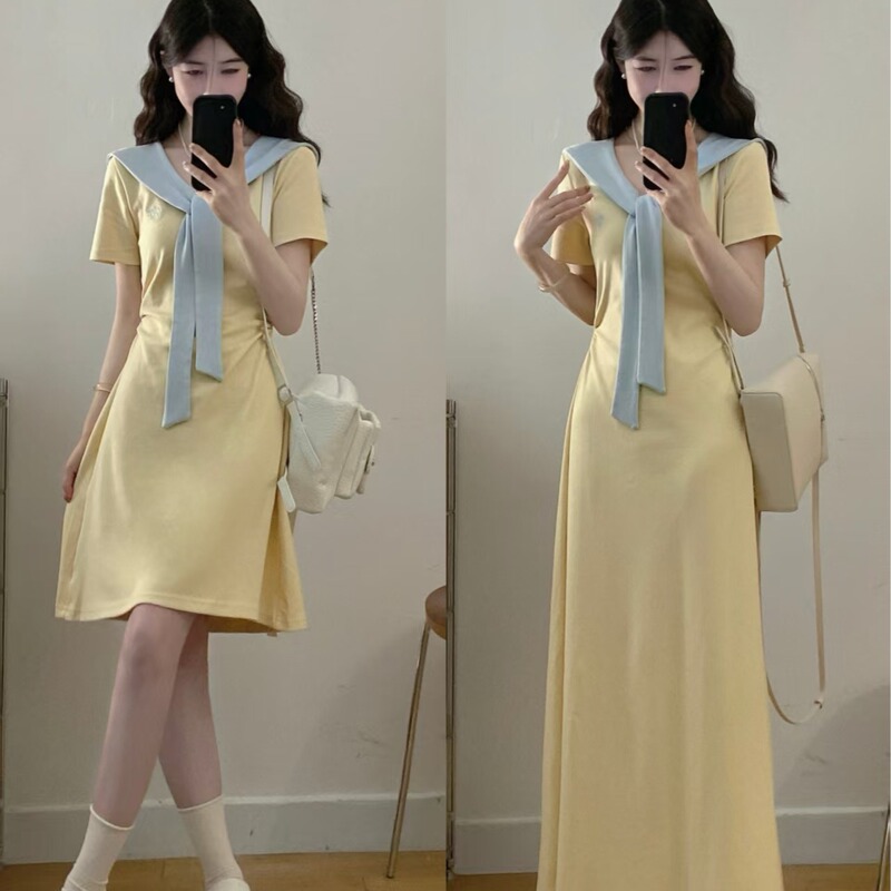 Orange Cat~ Plus Size Women's Clothing 2026 Summer New Style Slimming Blue Shawl Waist-Cinching Dress for Fat Women