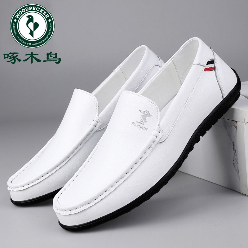 Woodpecker White Loafers for Men, Genuine Leather, Slip-On, Soft Sole, Pure White, New Autumn and Winter Casual Leather Shoes