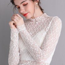 Semi-high-neck mesh base shirt womens spring and Autumn long-sleeved yarn clothes see-through temperament sweater with lace hollow top women