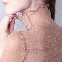 Gold and silver silk turtleneck mesh base shirt womens ear-shaped long sleeves with tight Western-style small shirt Lace top thin section