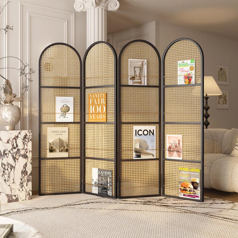 Japanese-Style Rattan Folding Screen Partition for Living Room, Movable Solid Wood Screen for Small Apartments, Simple Entryway Divider, Magazine and Book Shelf Japanese-Style Rattan Folding Screen Partition for Living Room, Movable Solid Wood Screen for Small Apartments, Simple Entryway Divider, Magazine and Book Shelf
