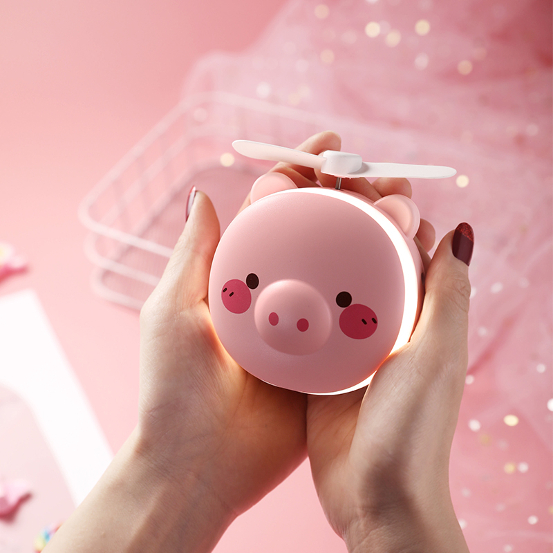 (Official genuine)Shake sound pig fan beauty mirror USB rechargeable mini pocket handheld small fan Portable portable small student cute led light makeup mirror pig fan