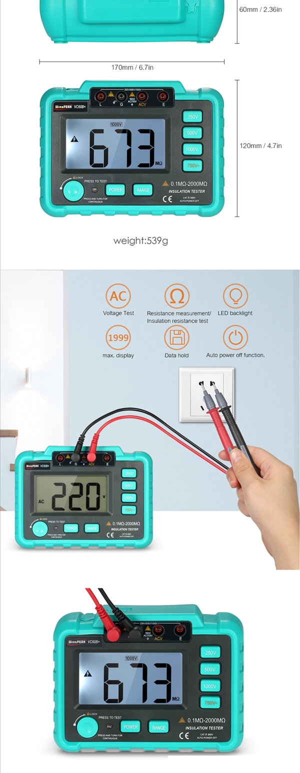 Máy đo vạn năng kỹ thuật số đo điện trở cách điện thử nghiệm dụng cụ đo điện kế ohmmeter VC60B +