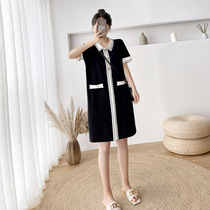 Summer dress Han version Ice Silk Loose Pregnancy Woman dress POLO collar short sleeves Long style Collision Color Knit Dress Woman Tide