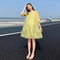 Pregnancy Woman Dress Blouses Fashion Mid long Tidal Spicy Mother Temperament Snowspun Short Sleeves Dress Out of Summer Fashion Han Edition easing
