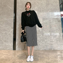 Pregnant women belly black and white striped loose skirt during pregnancy wear skirt size adjustable autumn and winter tide