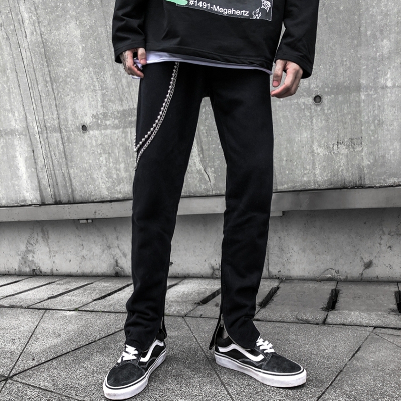 Spring high street style black basic trendy brand side zipper solid color jeans Slim casual small feet thin pants