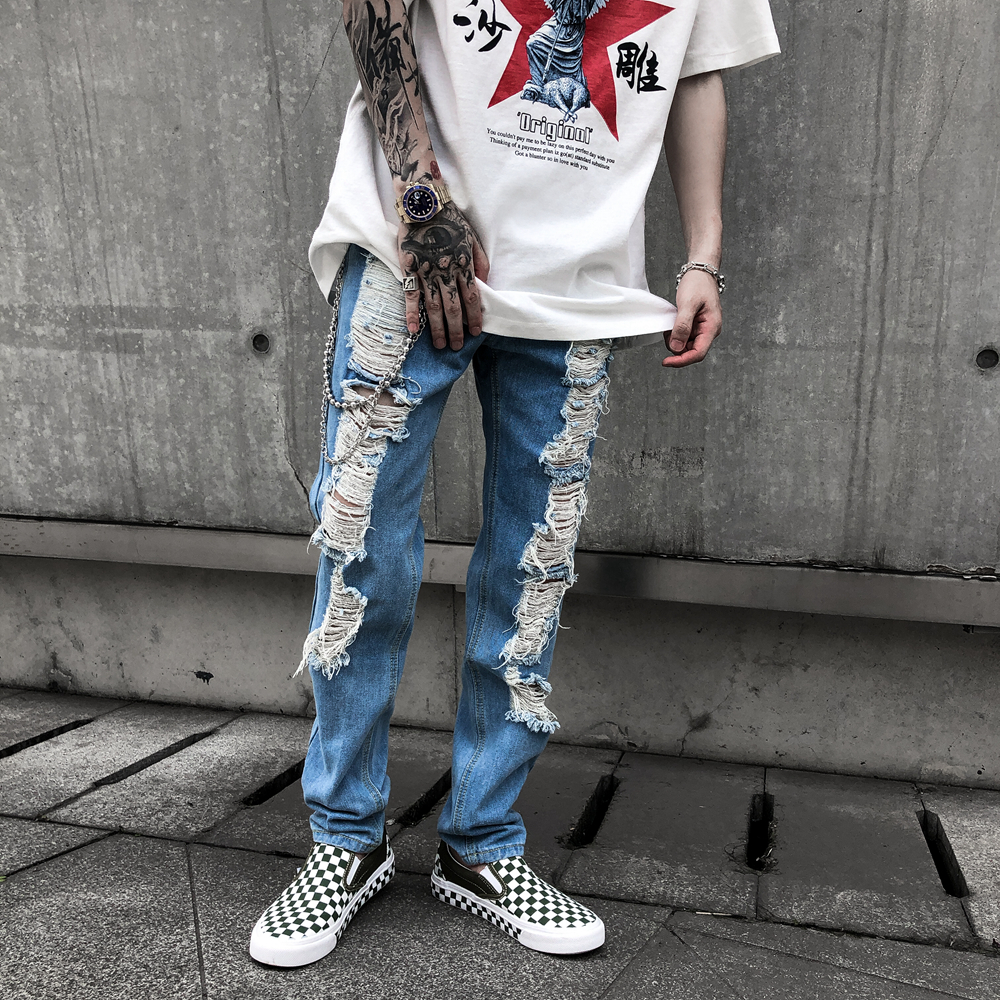 FOG high street men's fashion brand knee hole jeans Slim cigarette pipe pants European and American personality cut broken ins jeans