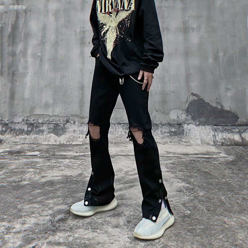 Non-tides near High Street Broken Cave Jeans Men's Black Row Button Design Sensation Fork Straight Drum Hip Hop American Long Pants