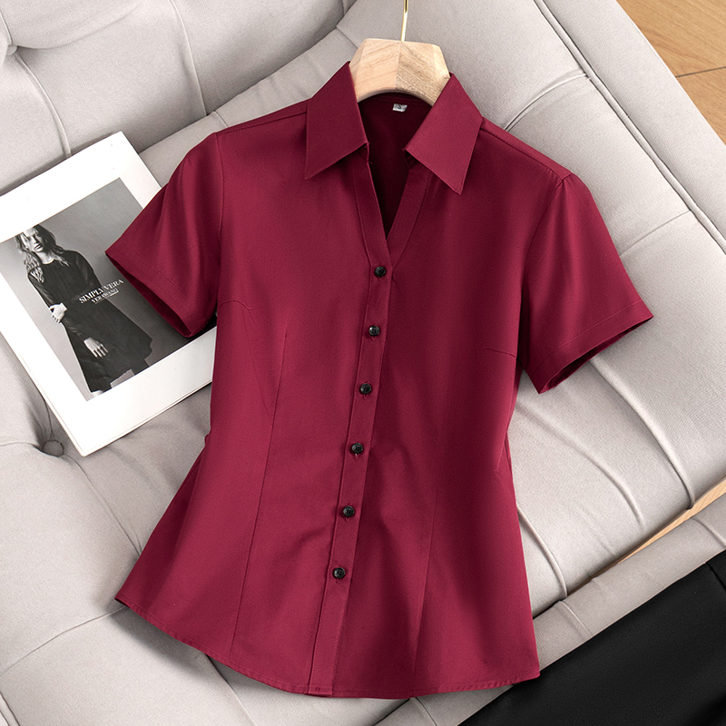Burgundy V-Neck Shirt for Women, Summer Short-Sleeved Professional Workwear Top, 2026 New Style Workwear Commuter White Shirt